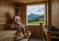Man Relaxing in Wooden Sauna With Mountain View and Scenic Landscape