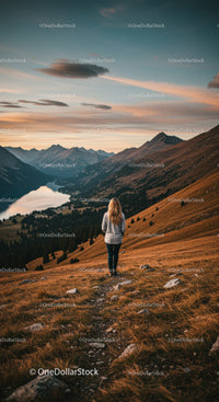 Woman Enjoying Sunset View by Mountain Lake
