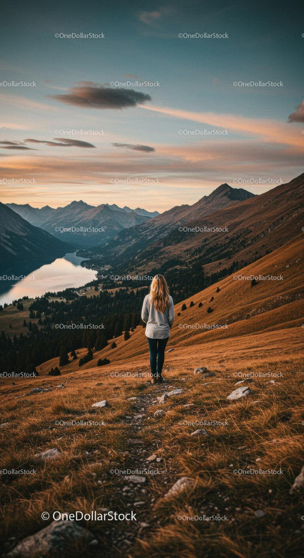 Woman Enjoying Sunset View by Mountain Lake
