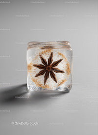 Star Anise Encased in a Clear Ice Cube on Gray Background