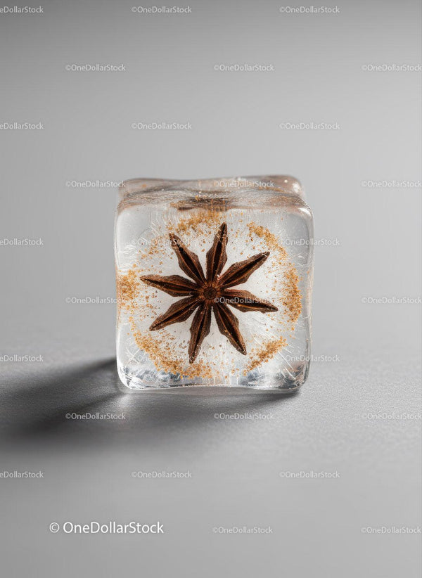 Star Anise Encased in a Clear Ice Cube on Gray Background