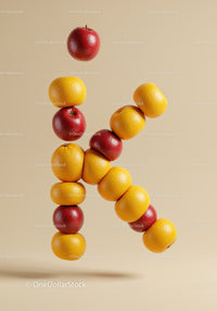Floating letter K composed of fresh fruit