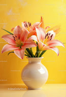 Pink Lily Bouquet in Elegant White Vase with Bright Yellow Background