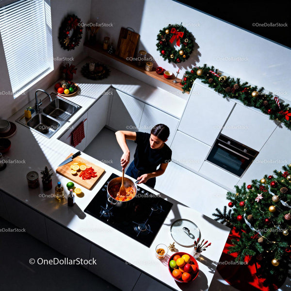 Woman Cooking in Modern Kitchen with Christmas Decor