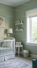 Bright Green Nursery with Baby Crib and Shelves for Child's Room