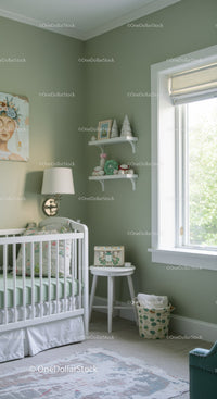 Bright Green Nursery with Baby Crib and Shelves for Child's Room
