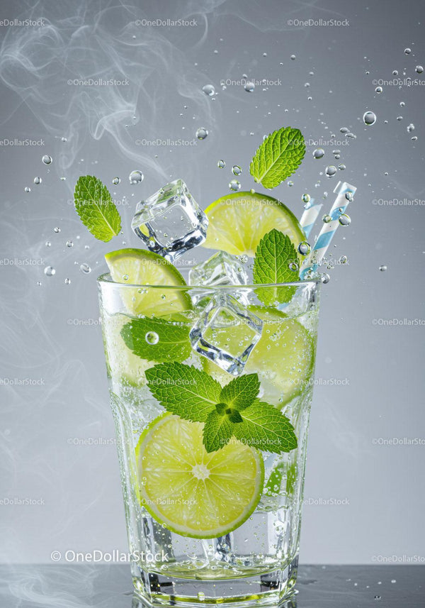 Refreshing lime and mint sparkling water with ice cubes