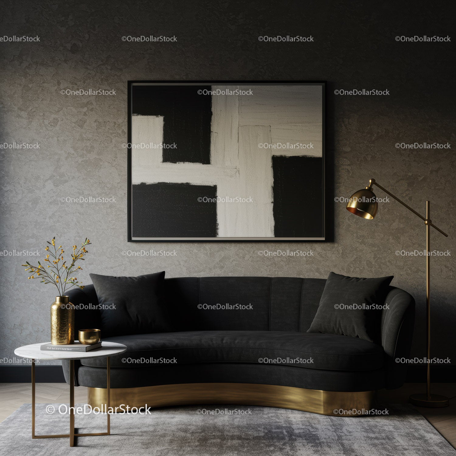 Modern living room with black sofa and abstract art