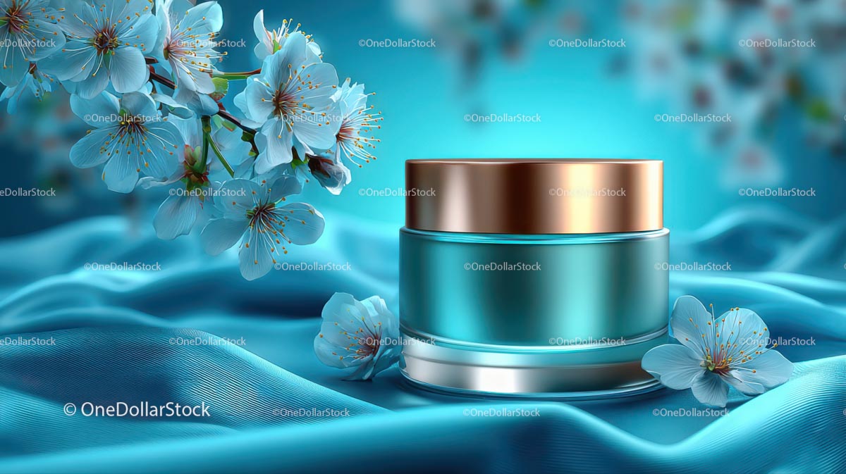 Refreshing Cosmetic Jar with Cherry Blossoms on Blue Silk