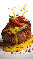 Juicy Roast Beef with Mustard Sauce and Spicy Chili Garnish