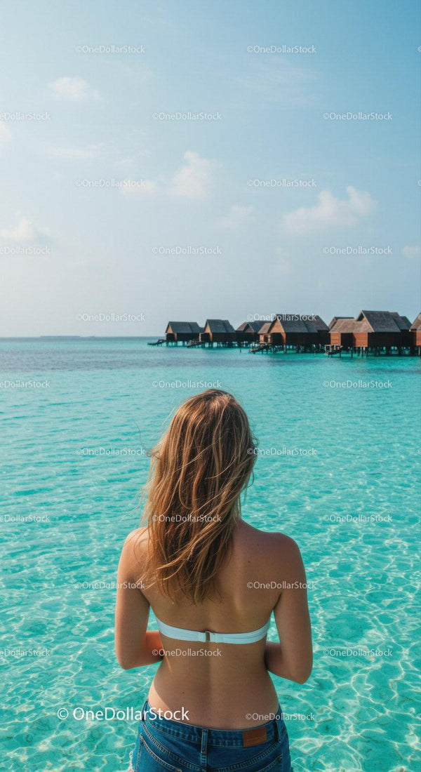 Woman Watching Over Water Villas on Tropical Ocean Vacation Scene
