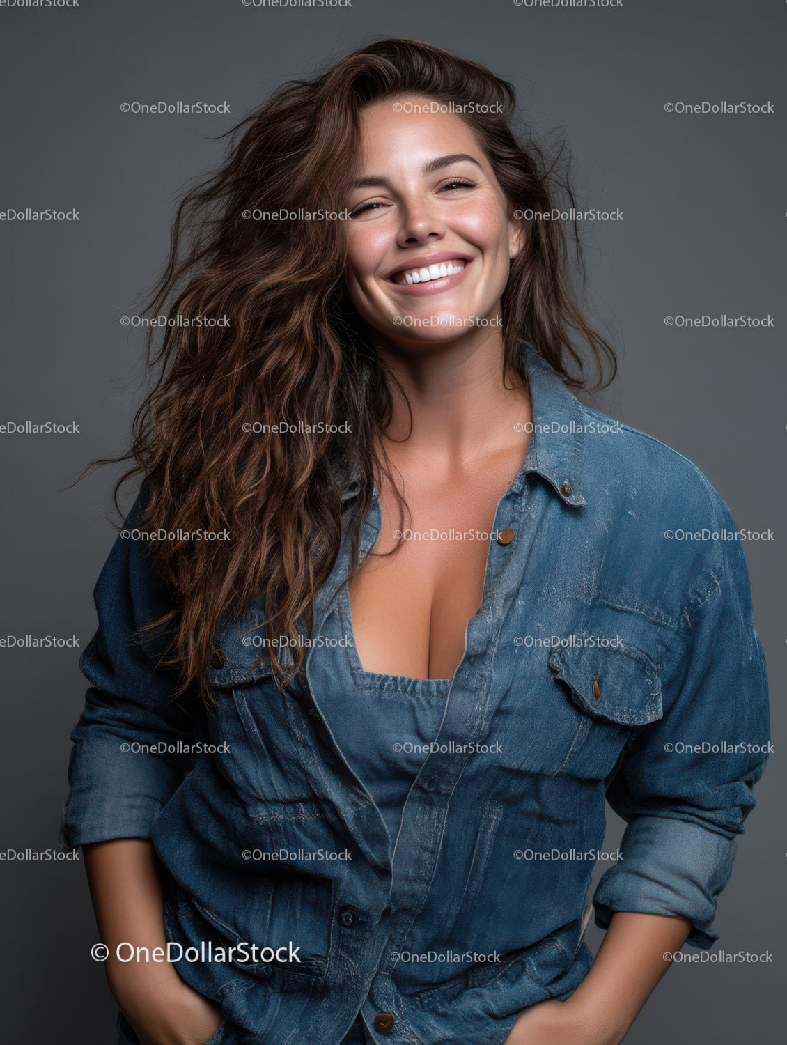Confident Woman with Flowing Hair Wearing Casual Denim Outfit