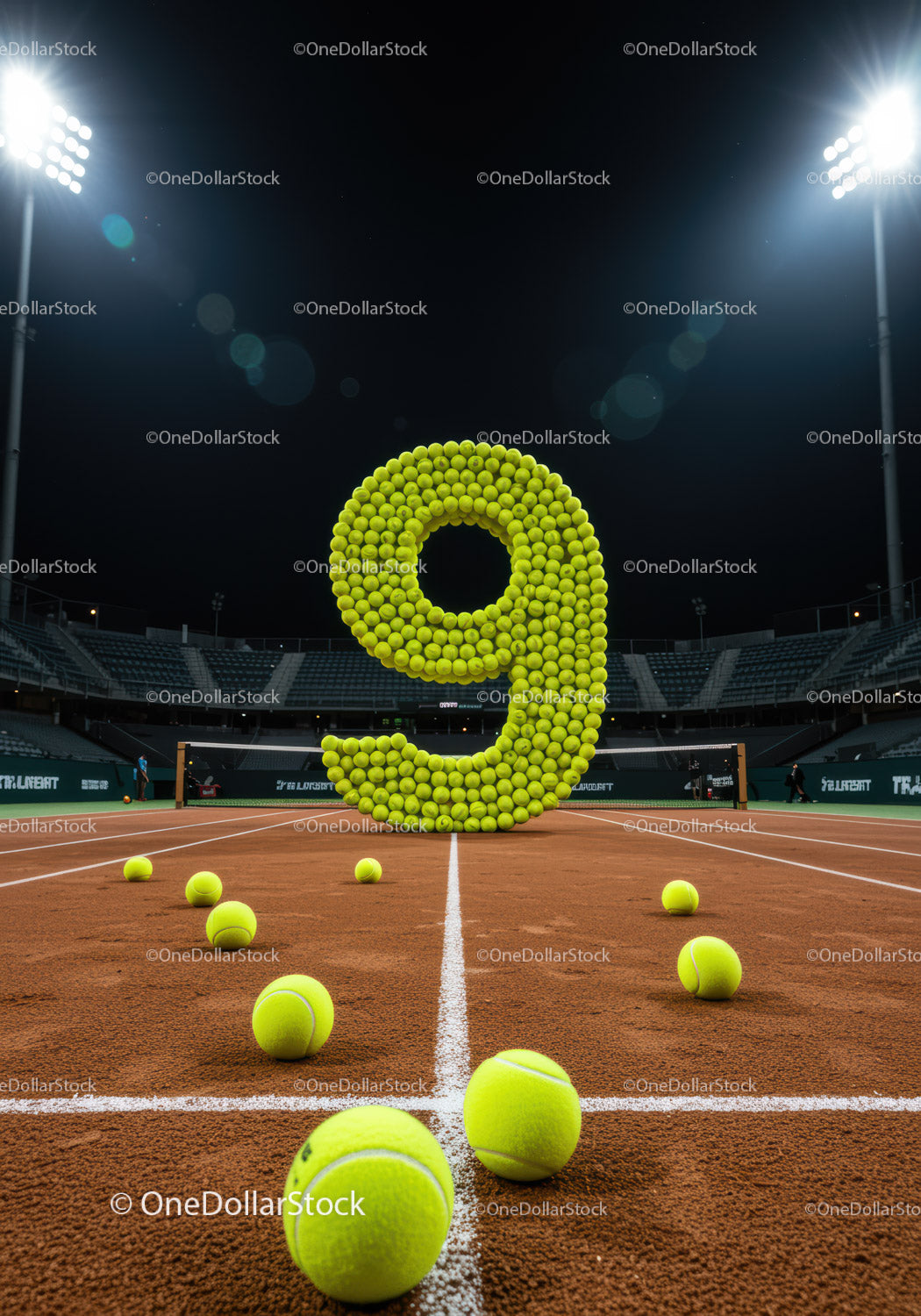 Number Nine Formed by Tennis Balls on Clay Court