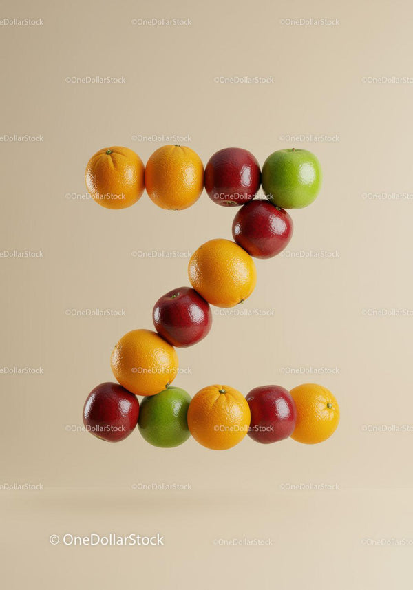 Number seven formed with mixed fresh fruits