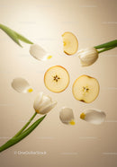 White Tulips with Sliced Apple on Light Background