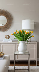 Yellow Tulips in White Vase on Modern Living Room Table