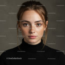 Young Woman with Freckles and Brown Eyes in Black Turtleneck