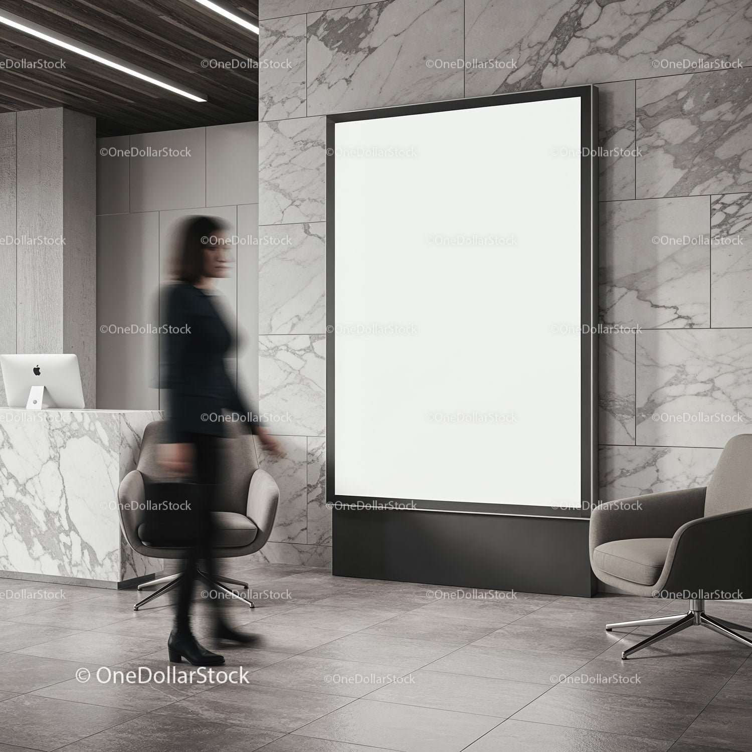 Modern office lobby with blank advertisement poster