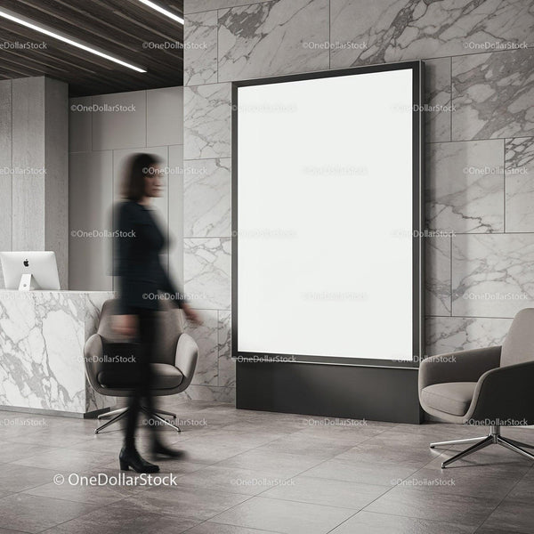 Nowoczesne lobby biurowe z pustym plakatem reklamowym