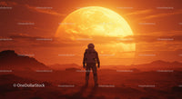 Astronaut Standing on Alien Planet with Large Sun Setting Behind