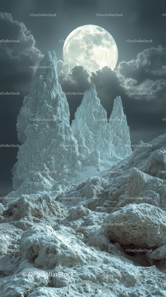 Moonlit Snowy Mountain Peaks in Cold Night Landscape