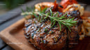 Juicy Grilled Steak with Fresh Rosemary on Wooden Cutting Board