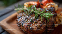 Juicy Grilled Steak with Fresh Rosemary on Wooden Cutting Board