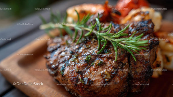 Juicy Grilled Steak with Fresh Rosemary on Wooden Cutting Board