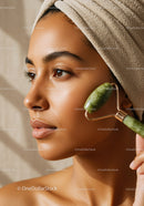 Close-up of Young Woman Using Jade Roller for Facial Skincare