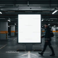 Man walking past illuminated blank billboard in parking garage