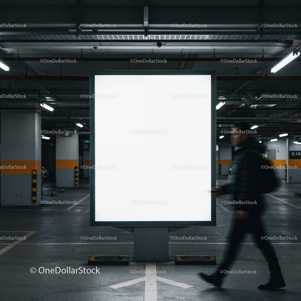 Man walking past illuminated blank billboard in parking garage JPG Mockup Image