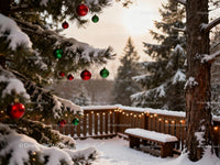 Snow-Covered Deck with Christmas Tree Decorations