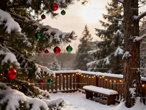 Snow-Covered Deck with Christmas Tree Decorations