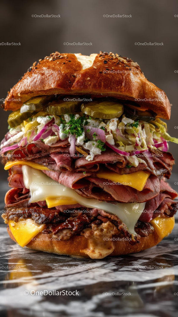 Gourmet Double Stacked Cheeseburger with Fresh Vegetables and Melted Cheese