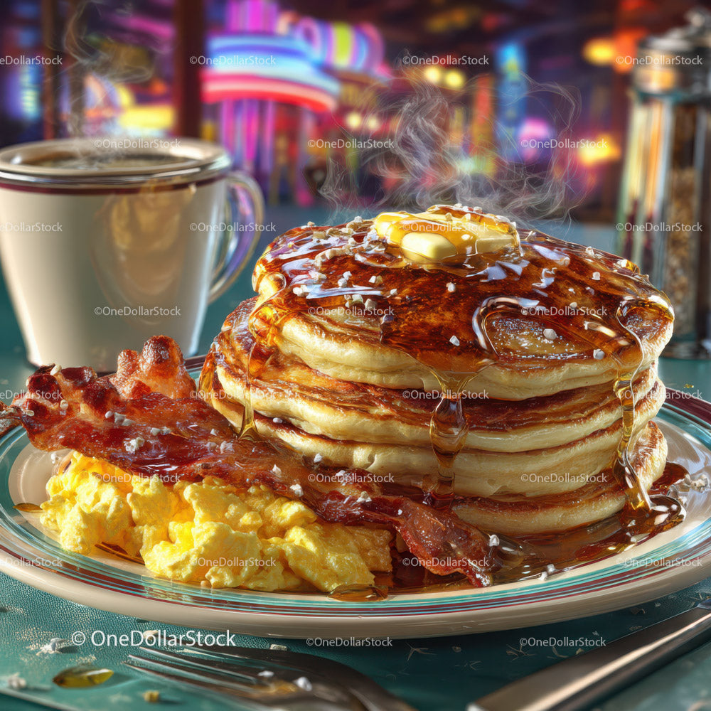 Stack of Pancakes with Syrup and Bacon on Breakfast Table