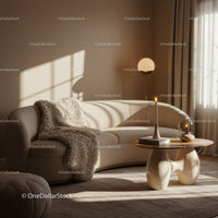 Cozy modern living room with curved sofa and soft textures