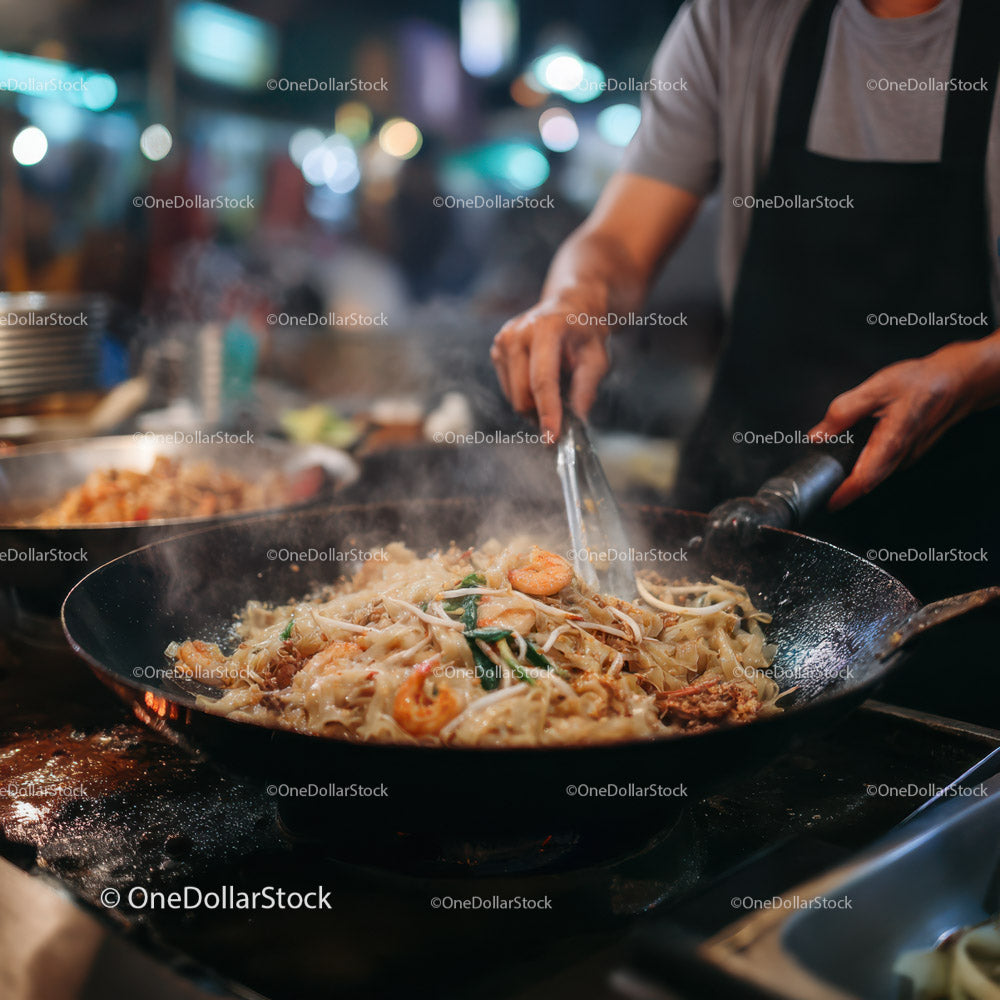 Stir-Frying Seafood and Noodles in a Street Food Market at Night