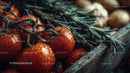 Fresh Red Cherry Tomatoes with Pine Branches and Dew Drops