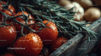 Fresh Red Cherry Tomatoes with Pine Branches and Dew Drops