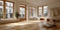 Bright Modern Room with Large Windows and Natural Wood Floors