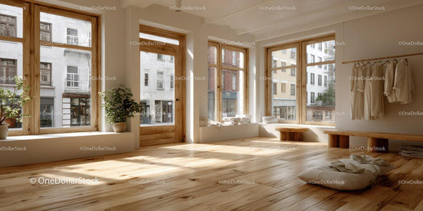 Bright Modern Room with Large Windows and Natural Wood Floors