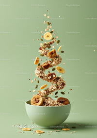 Floating spiral of granola and dried fruits in bowl