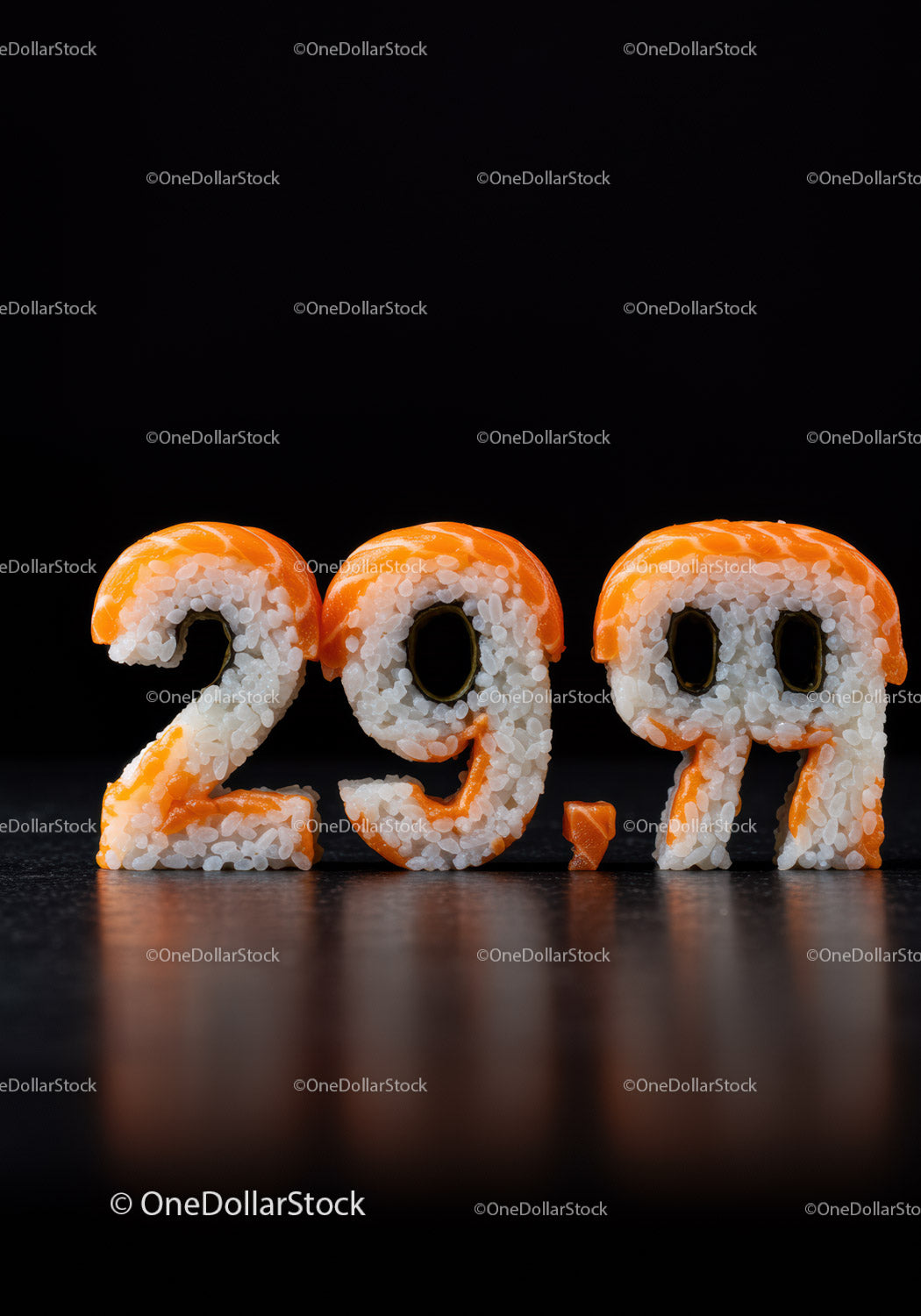 Creative sushi shaped as 29.99 price on black background