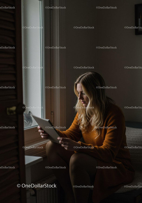 Zrelaksowana kobieta czytająca tablet przy oknie w przytulnym domu