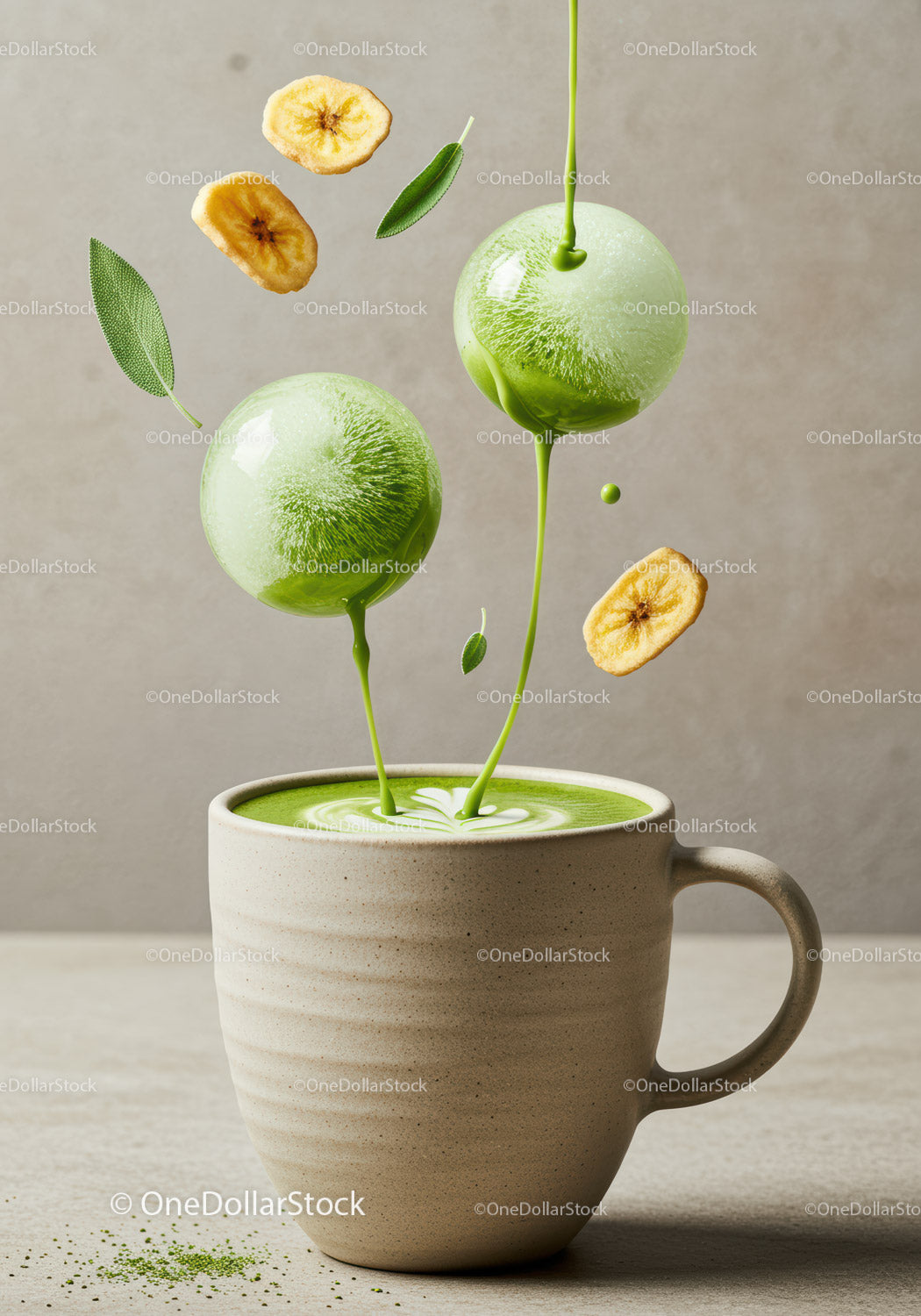 Matcha Latte with Floating Bubbles and Banana Chips