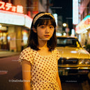 Young woman in polka dot dress on nighttime city street