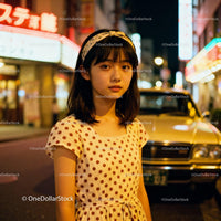 Young woman in polka dot dress on nighttime city street