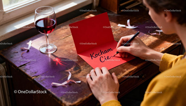 Person writing a heartfelt Valentine card by window light