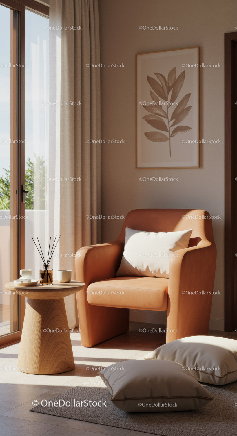 Cozy seating area with leather armchair and soft cushions