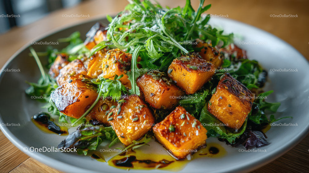 Roasted Sweet Potatoes with Arugula Salad and Balsamic Glaze